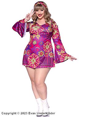 Retrostil, kjole, utsvängde ermer, fargerike blomster, plus size